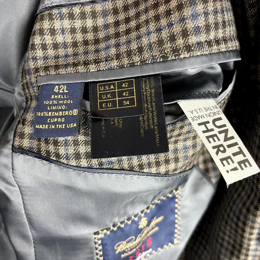 Brooks‎ Brothers 1818 Madison Saxxon Wool Blazer Mens 42L Black Tan Check Plaid